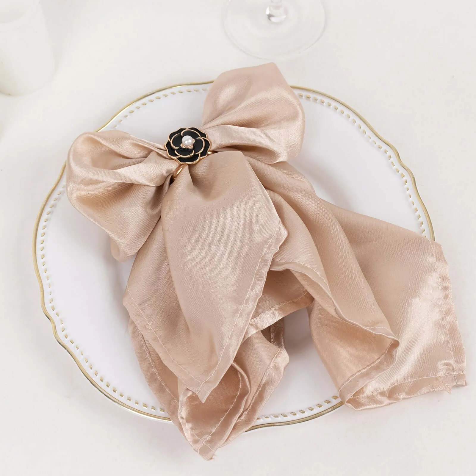 10 Pack Black Pearl Floral Metal Chair Sash Bow Pins with Gold Rim, 3D Rose Shaped Scarf Buckle Napkin Rings