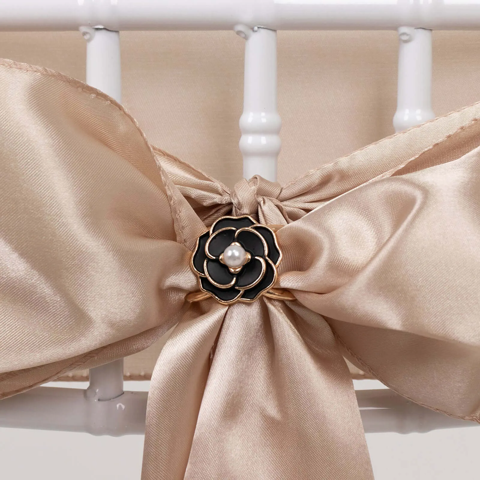 10 Pack Black Pearl Floral Metal Chair Sash Bow Pins with Gold Rim, 3D Rose Shaped Scarf Buckle Napkin Rings