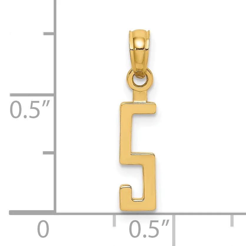 14K Yellow Gold Polished Finished Block Script Design Number 5 Charm Pendant