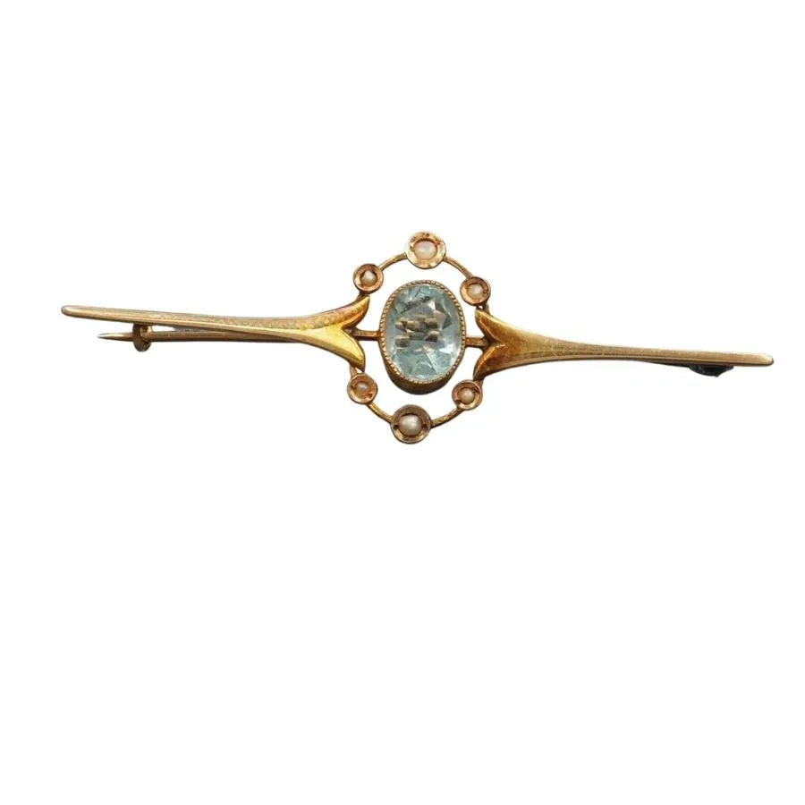 15ct Yellow Gold Seed Pearl & Blue Paste Brooch