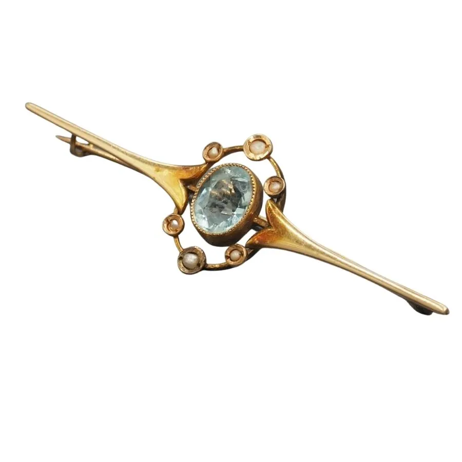 15ct Yellow Gold Seed Pearl & Blue Paste Brooch