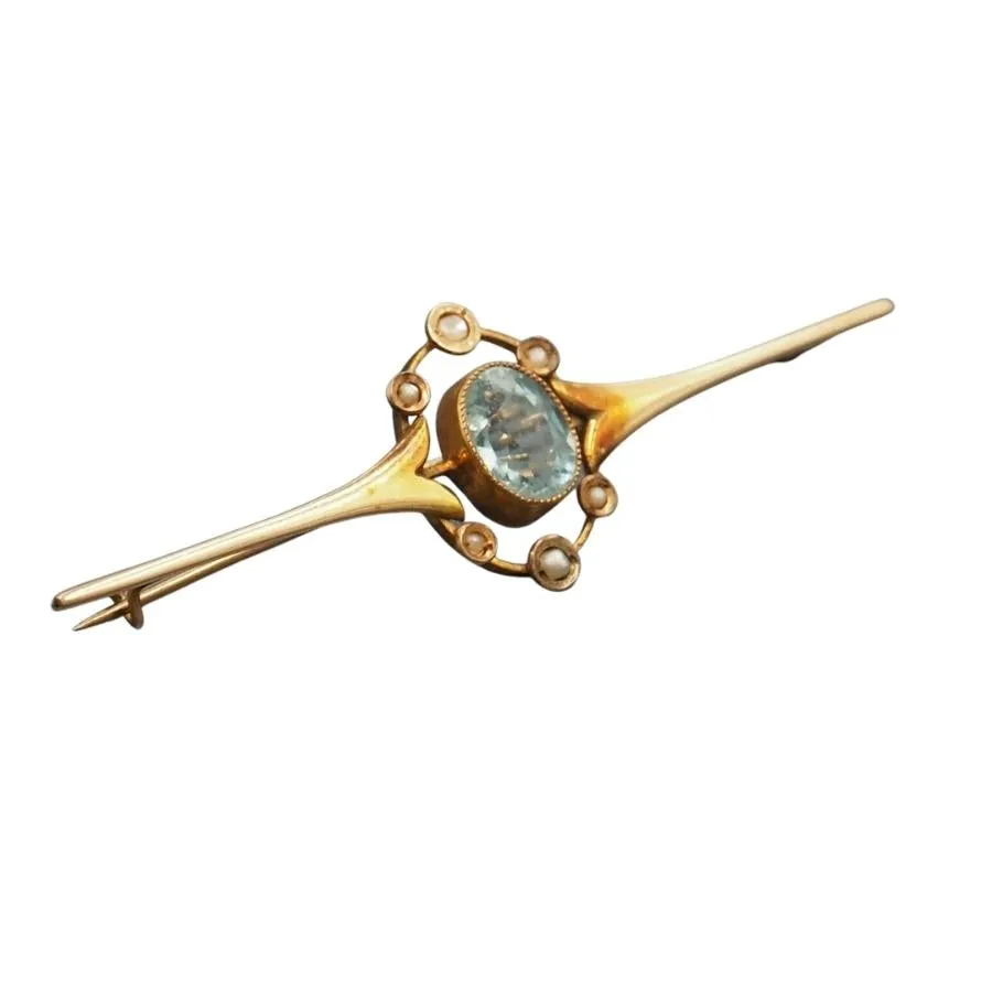 15ct Yellow Gold Seed Pearl & Blue Paste Brooch