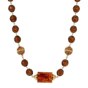 1928 Jewelry Glass Smoke Topaz Corrugated Bead & Tortoise Bead Necklace 17"   3" Extender