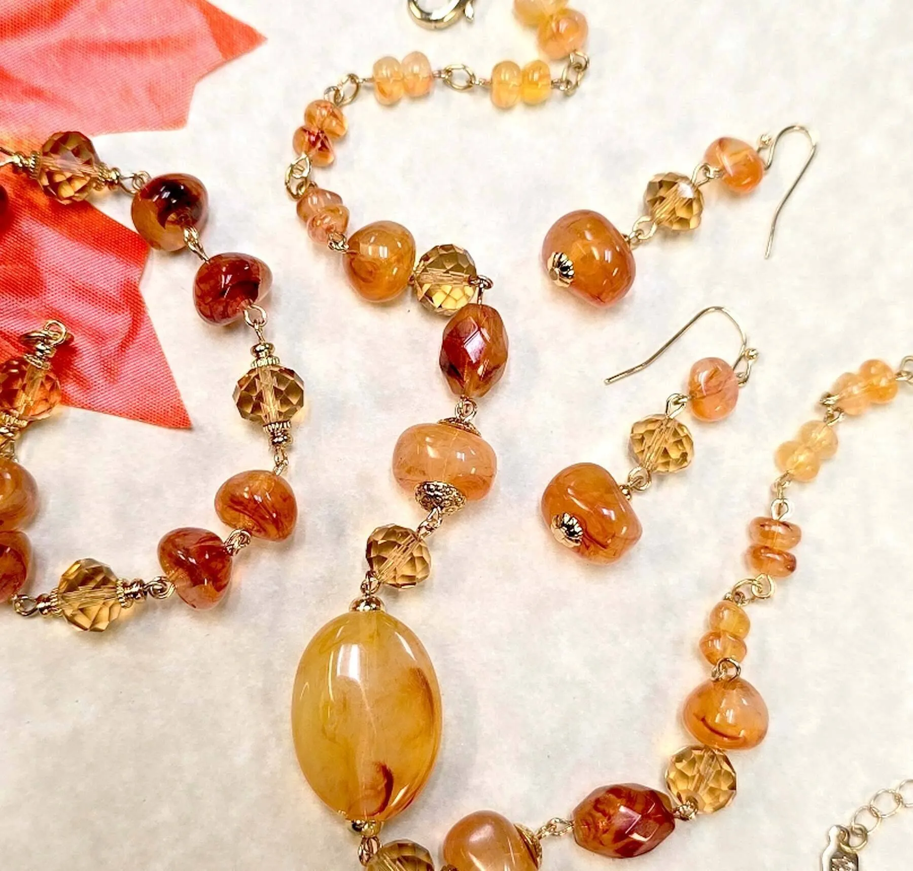 1928 Jewelry Marble Effect Carnelian Beads & Topaz Crystals Dangling Earrings