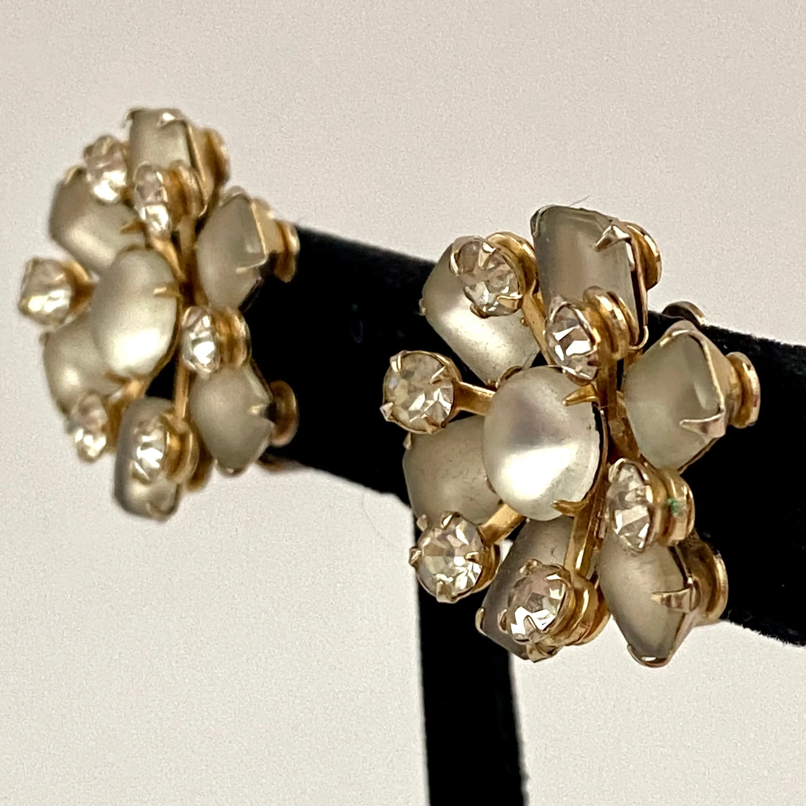 1960s Frosted Stone & Rhinestone Earrings