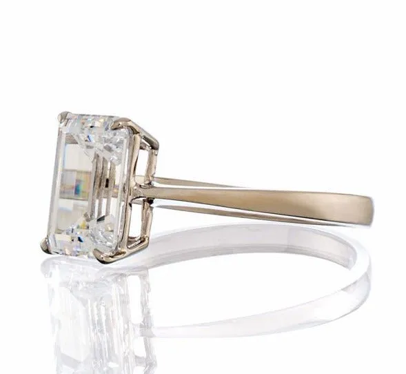 3 Carat Emerald Cut Cubic Zirconia Solitaire Engagement Ring - White Gold Plated Sterling Silver