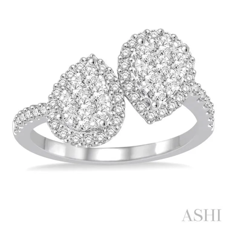 3/4 Ctw Inverted Duo Oval Shape Round Cut Diamond Lovebright 2Stone Ring in 14K White Gold