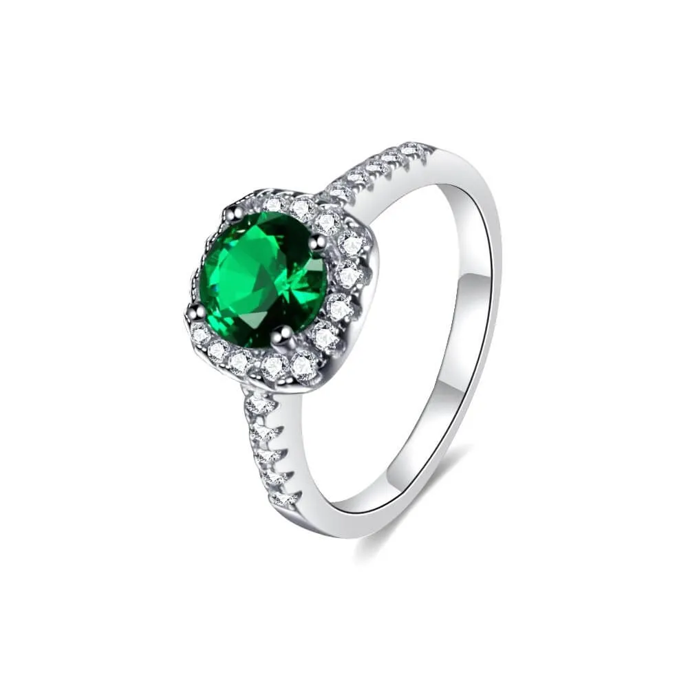 925 Silver Round  Border White CZ Diamond Center Round Emerald