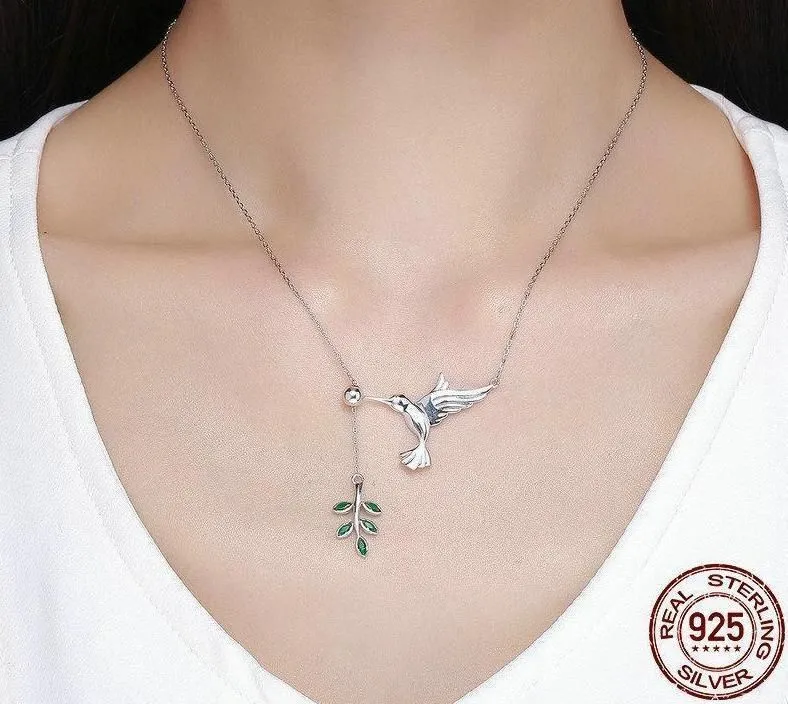 925 Sterling Silver Spring Bird & Tree Pendant Necklace Charm Jewelry