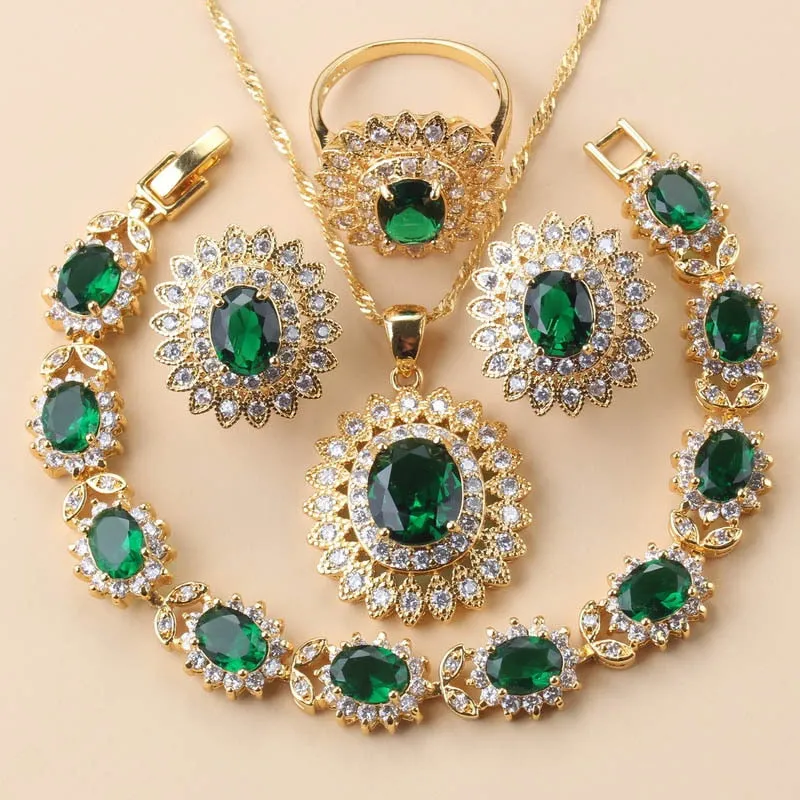 African Wedding Necklace Big Sunflower Jewelry Sets Gold Color Luxury Woman Earrings Charm Bracelet And Ring Bridal Costume