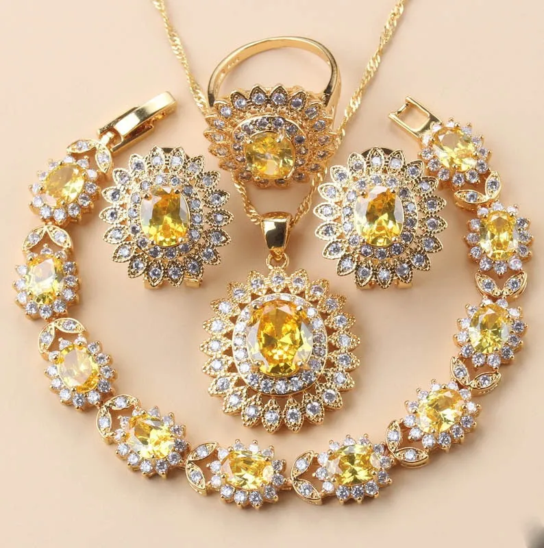 African Wedding Necklace Big Sunflower Jewelry Sets Gold Color Luxury Woman Earrings Charm Bracelet And Ring Bridal Costume