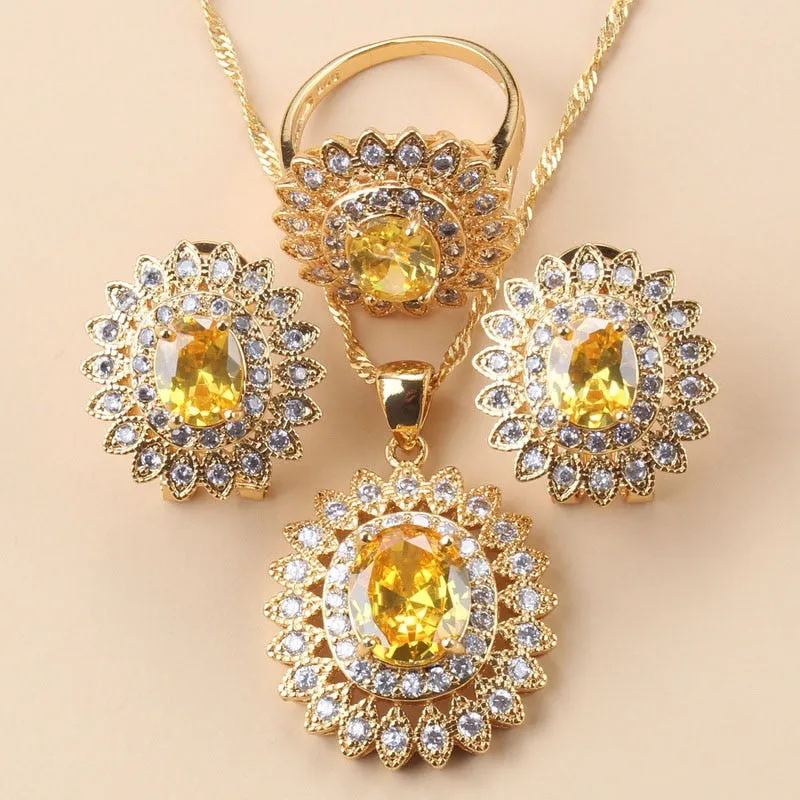 African Wedding Necklace Big Sunflower Jewelry Sets Gold Color Luxury Woman Earrings Charm Bracelet And Ring Bridal Costume