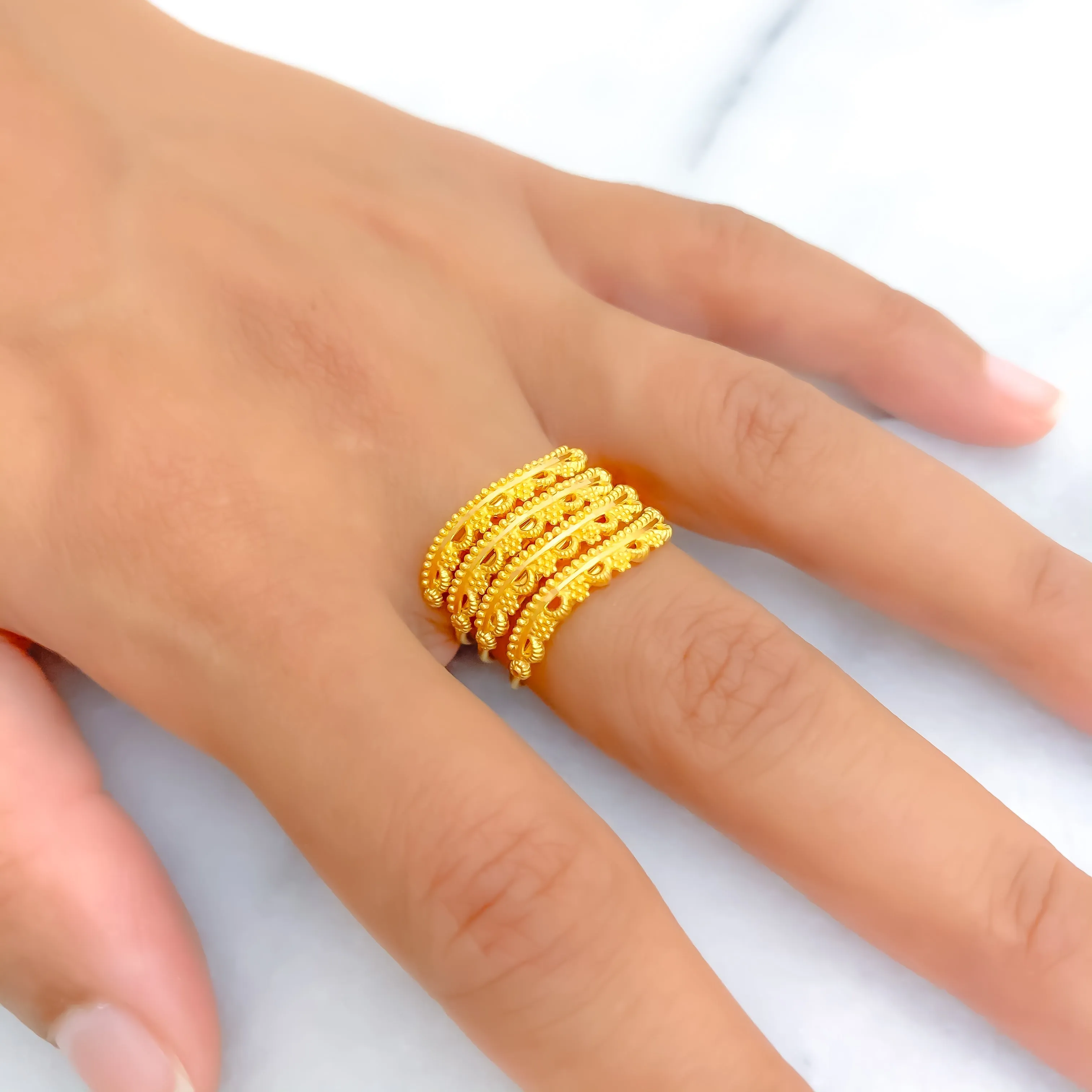 Alternating Beaded Flower 22K Gold Spiral Ring