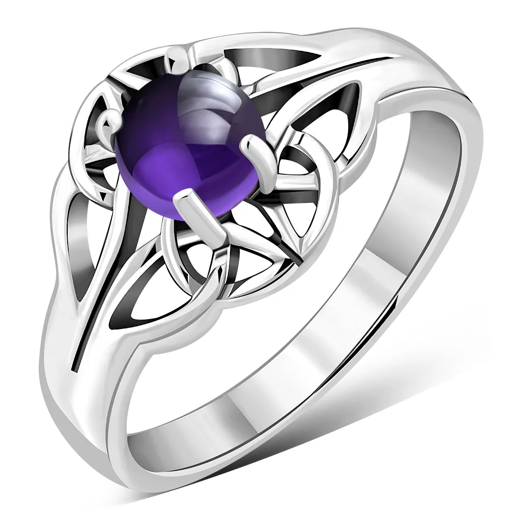 Amethyst Stone Solitaire Celtic Knot Silver Ring