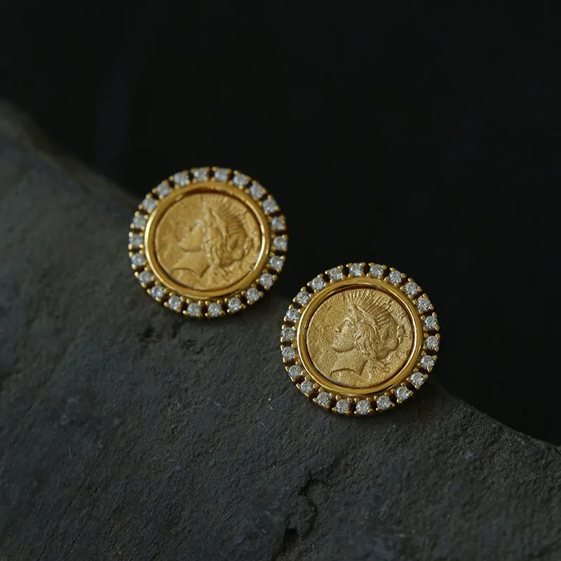 Ancient Greek Retro 925 Silver Coin Stud Earrings-Type E