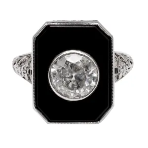 Art Deco Old European Cut Diamond Onyx 18k White Gold Filigree Ring