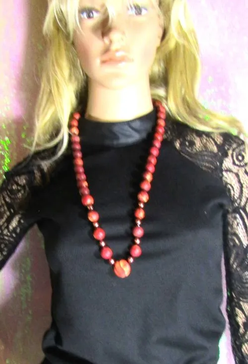 Artisan Beaded Necklace in Rose & Brown Swirled Handmade Beads