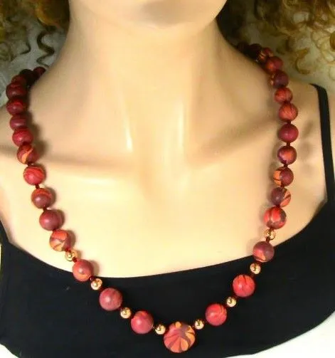 Artisan Beaded Necklace in Rose & Brown Swirled Handmade Beads