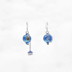 Asymmetrical Blue Enamel Teapot Earrings