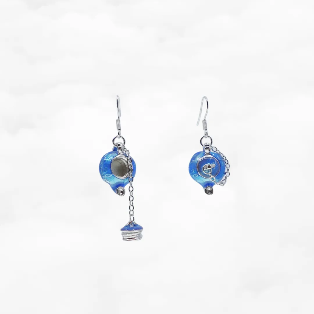 Asymmetrical Blue Enamel Teapot Earrings