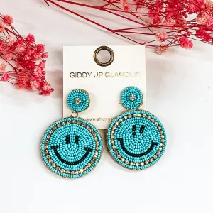 Beaded Happy Face Circle Drop Earrings with Crystal Outline in Aqua