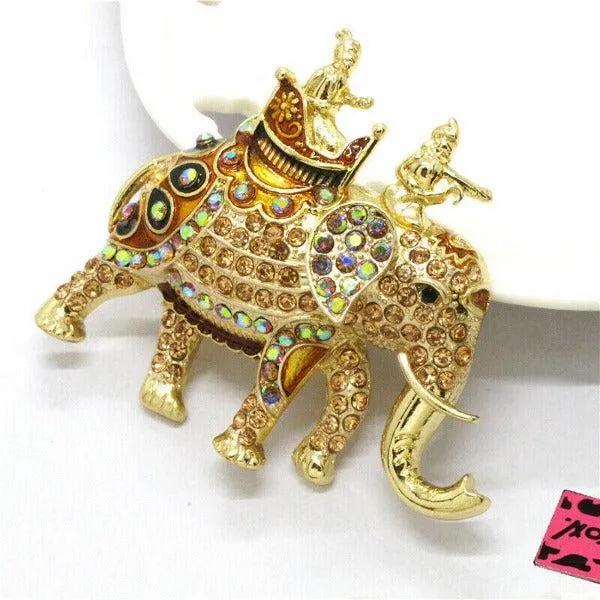 Betsey Johnson Elephant Multi-Color Crystal Gold Brooch Pin