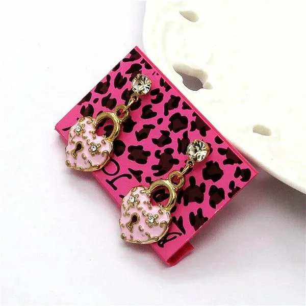 Betsey Johnson Pink Heart with Lock Rhinestone Earrings