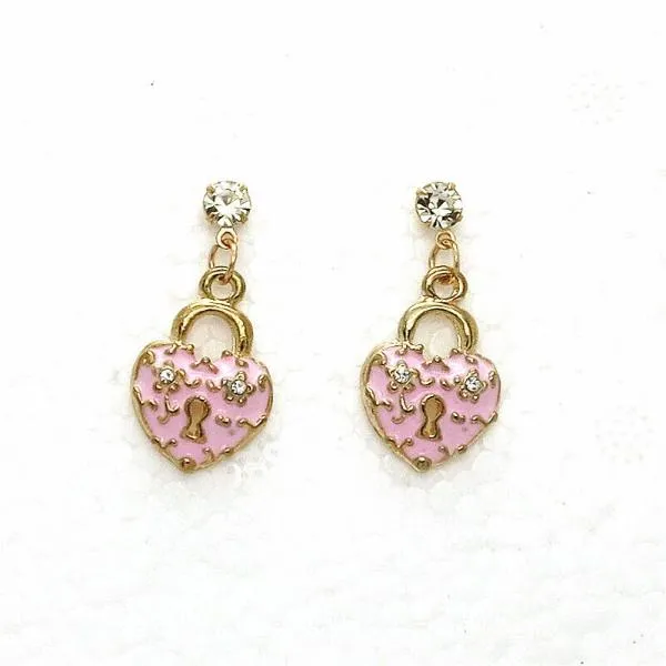 Betsey Johnson Pink Heart with Lock Rhinestone Earrings