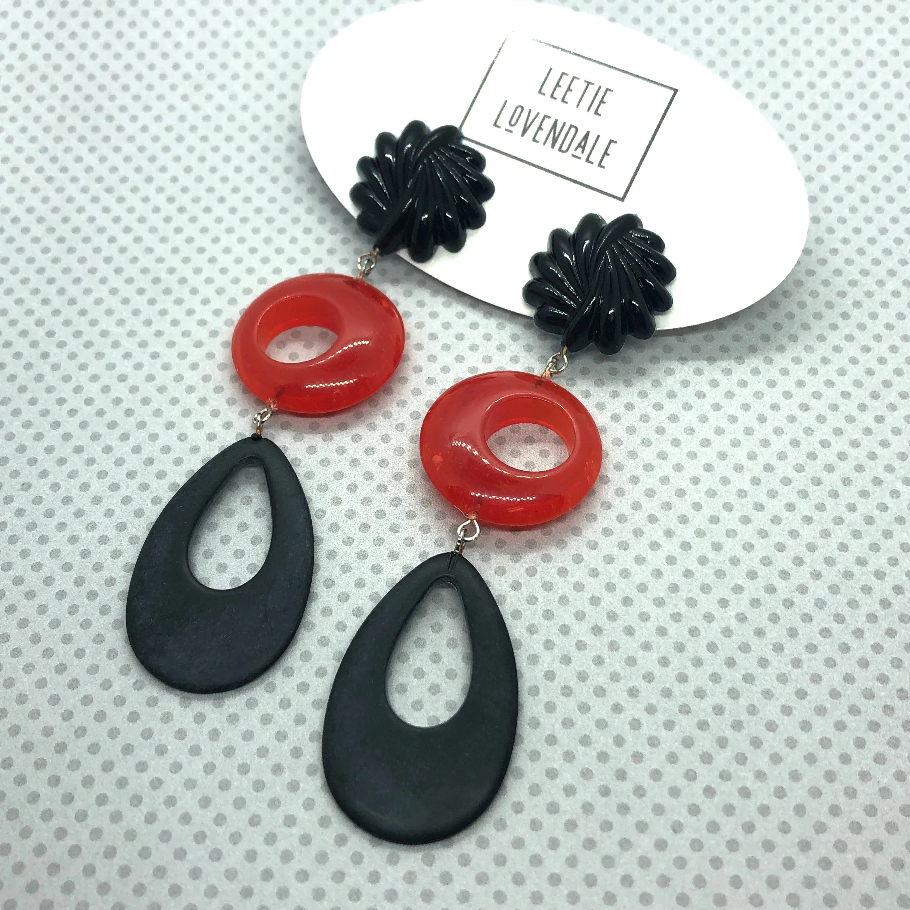 Black Carved & Tomato Tri-Ring Statement Earrings