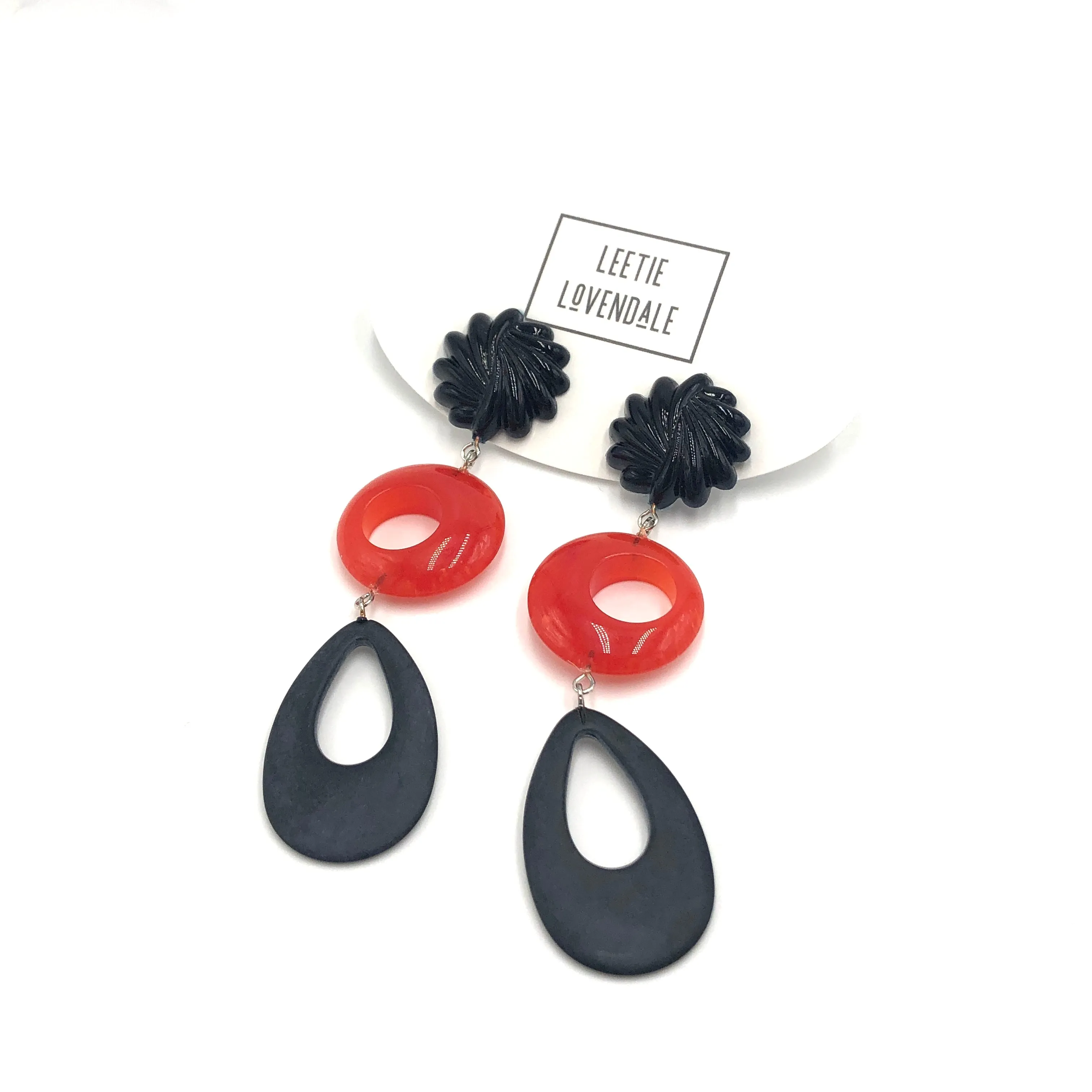 Black Carved & Tomato Tri-Ring Statement Earrings