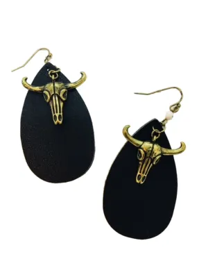 Black Leather Cow Skull Earrings