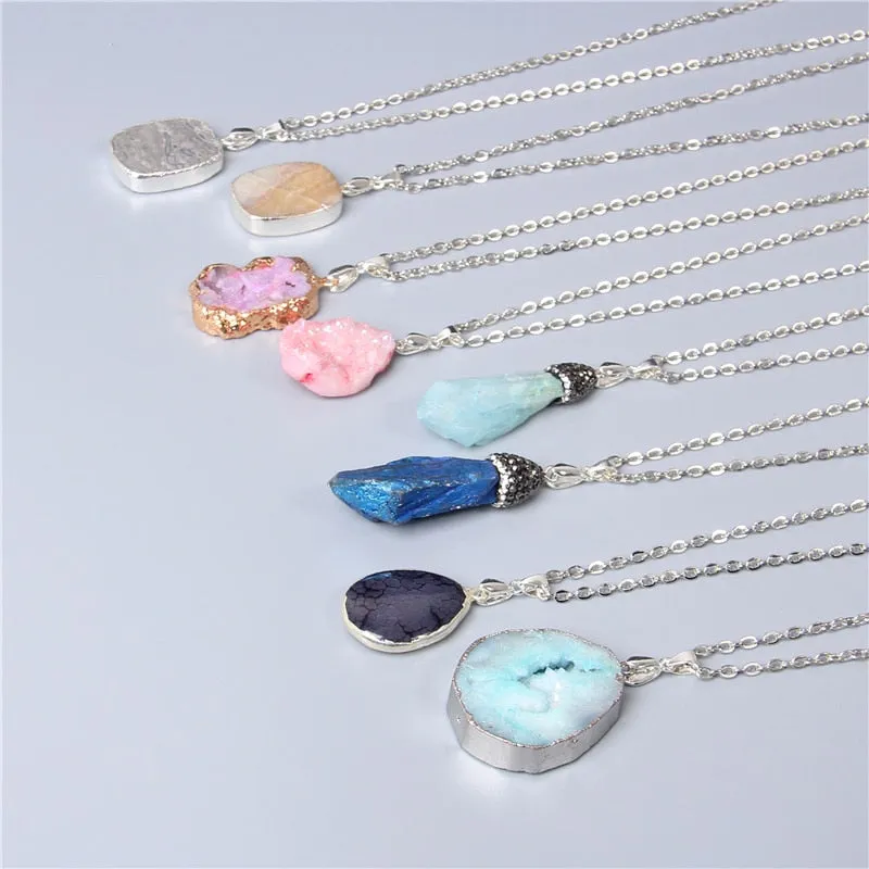 Blue black pink Natural druzy quartz crystal agates gem stone necklace metal chain men women necklace jewelry gift wholesale