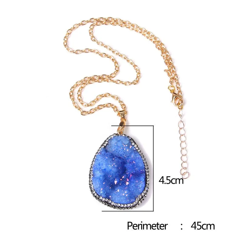 Blue black pink Natural druzy quartz crystal agates gem stone necklace metal chain men women necklace jewelry gift wholesale