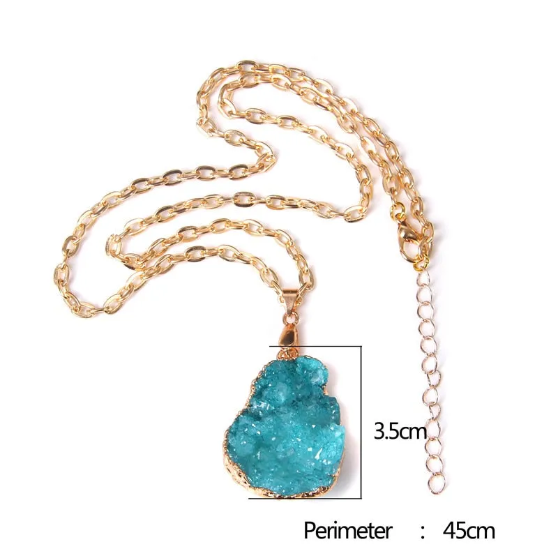 Blue black pink Natural druzy quartz crystal agates gem stone necklace metal chain men women necklace jewelry gift wholesale