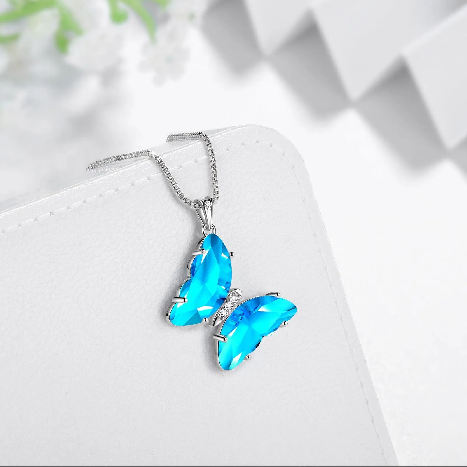 Blue Butterfly Necklace March Aquamarine Birthstone Pendant Women Girls Jewelry Birthday Gift