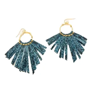 Blue Snakeskin Leather Fringe Earrings