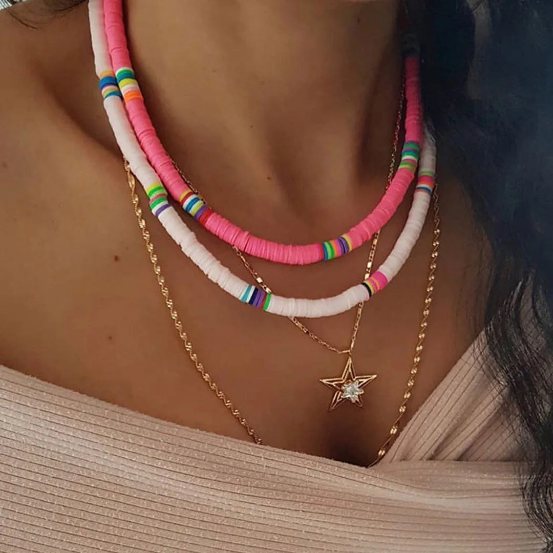 Boho Beach Style Mixed Color Bead Embellished Necklace - Pink