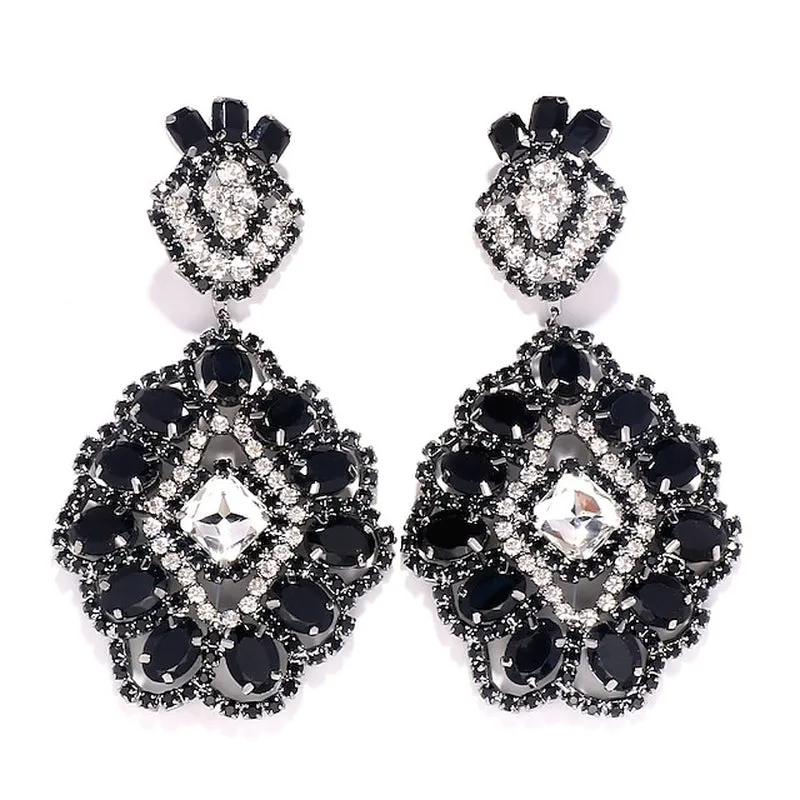 Chic Geometric Hoop Earrings with Imitation Diamonds - Elegant Black Jewelry for Weddings and Parties (1 Pair)