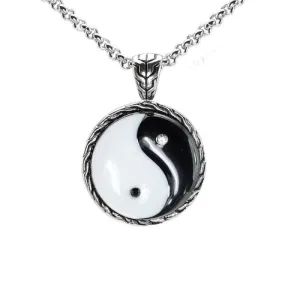 Chinese Taoism Taiji Taichi Yin Yang Pendant Black Enamel Stainless Steel Necklace Trendy Jewelry for Men Women Chain 60CM