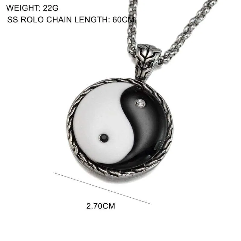 Chinese Taoism Taiji Taichi Yin Yang Pendant Black Enamel Stainless Steel Necklace Trendy Jewelry for Men Women Chain 60CM