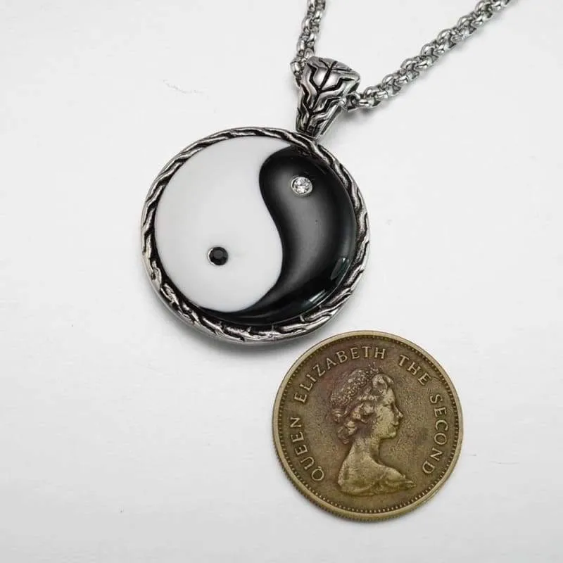 Chinese Taoism Taiji Taichi Yin Yang Pendant Black Enamel Stainless Steel Necklace Trendy Jewelry for Men Women Chain 60CM