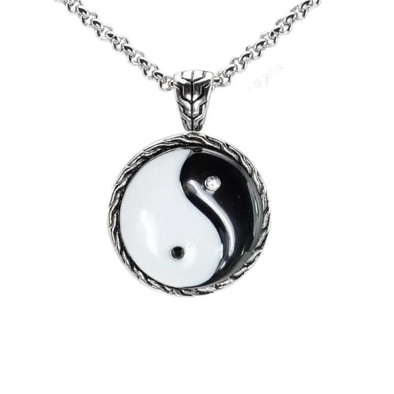 Chinese Taoism Taiji Taichi Yin Yang Pendant Black Enamel Stainless Steel Necklace Trendy Jewelry for Men Women Chain 60CM