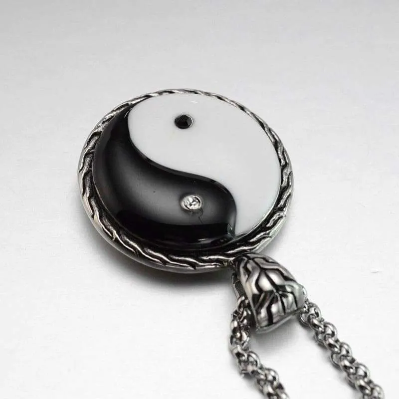 Chinese Taoism Taiji Taichi Yin Yang Pendant Black Enamel Stainless Steel Necklace Trendy Jewelry for Men Women Chain 60CM