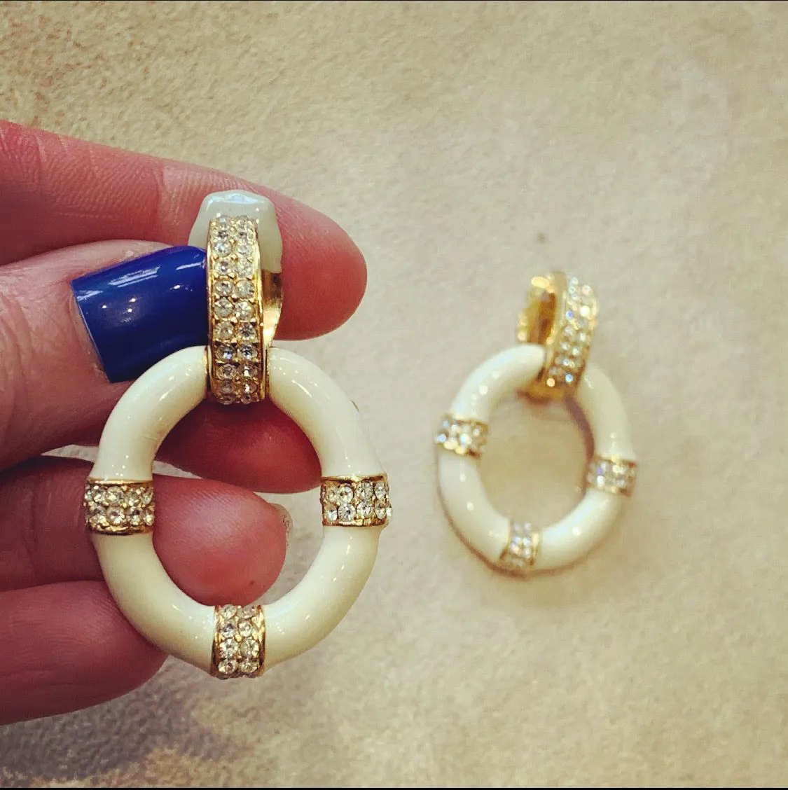 Ciner White enamel hoop clip on earrings