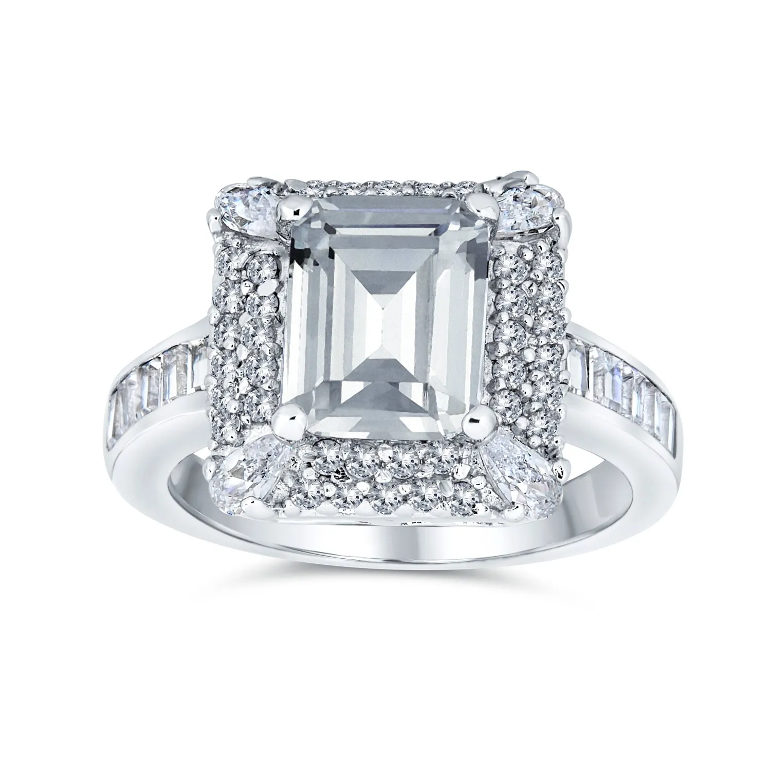 Classic 4CTW Emerald Cut CZ Halo Engagement Ring in Sterling Silver Pave Band