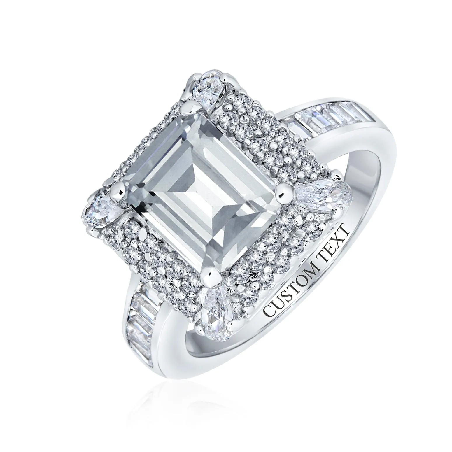 Classic 4CTW Emerald Cut CZ Halo Engagement Ring in Sterling Silver Pave Band