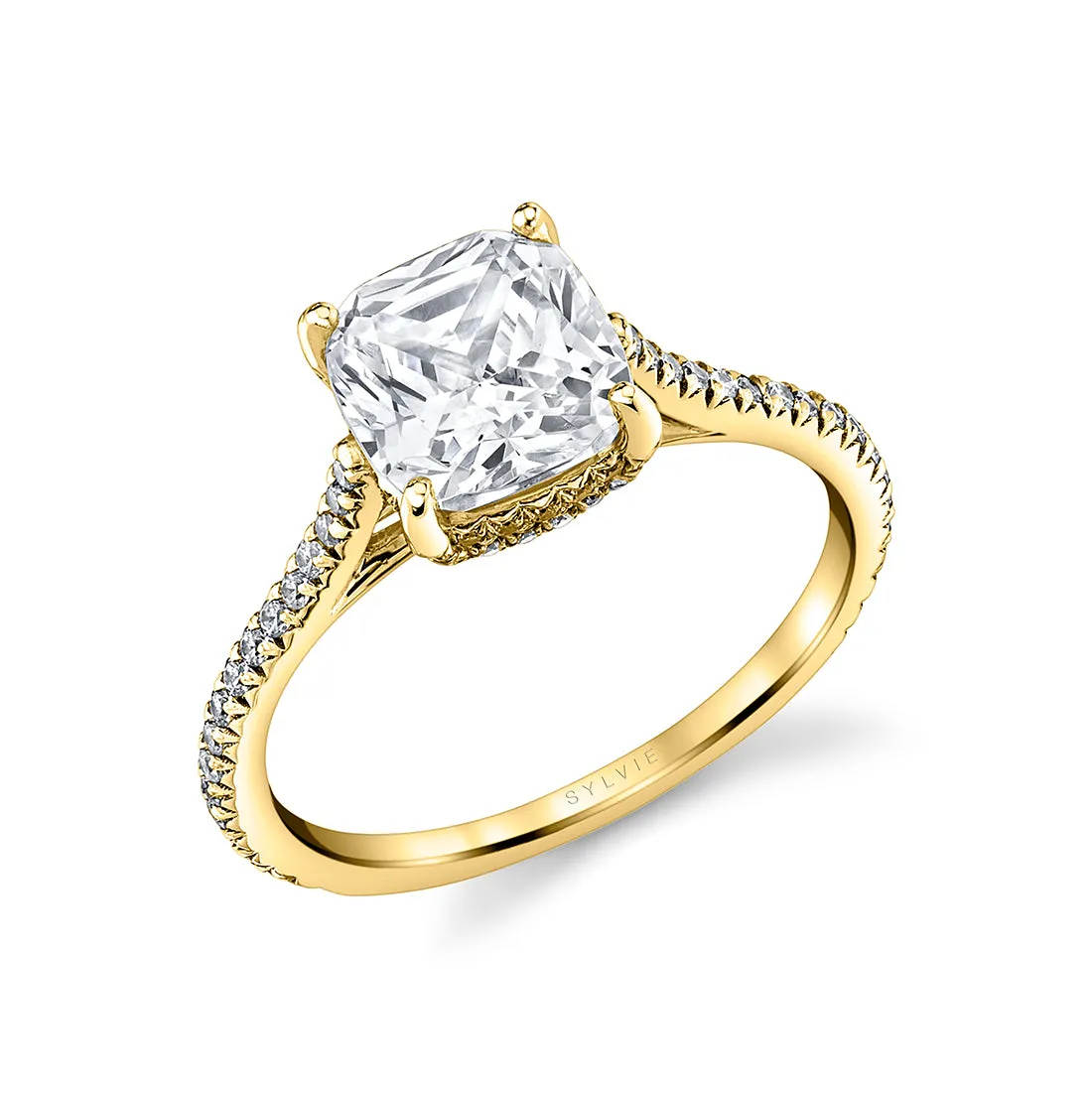 Cushion Cut Classic Hidden Halo Engagement Ring - Steffi 18k Gold Yellow