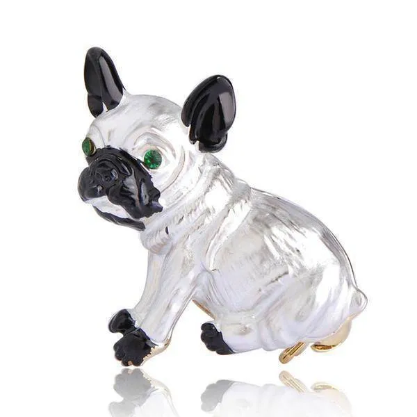 Cute Pug Dog Brooches Green Crystal Eyes Animal Corsage Pins