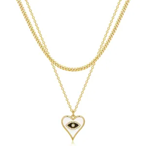 Dainty 14K Gold Layered Evil Eye Religious Necklace- Cuban Chain Heart Eye