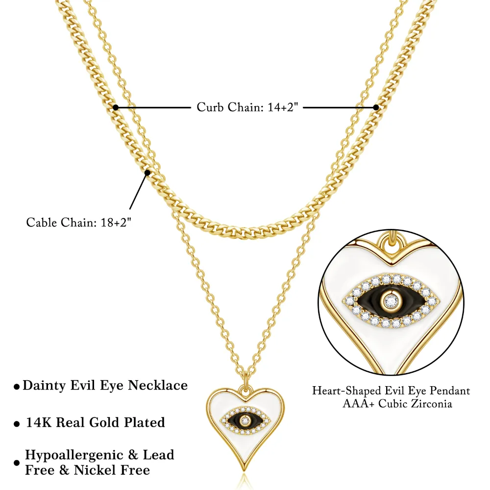 Dainty 14K Gold Layered Evil Eye Religious Necklace- Cuban Chain Heart Eye